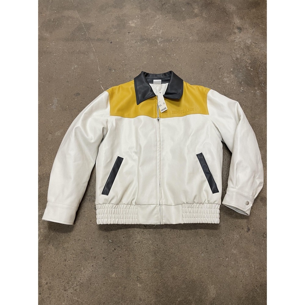 BDG Urban Outfitters Jacket Mens Small White Yellow Black Faux Leather Bomber